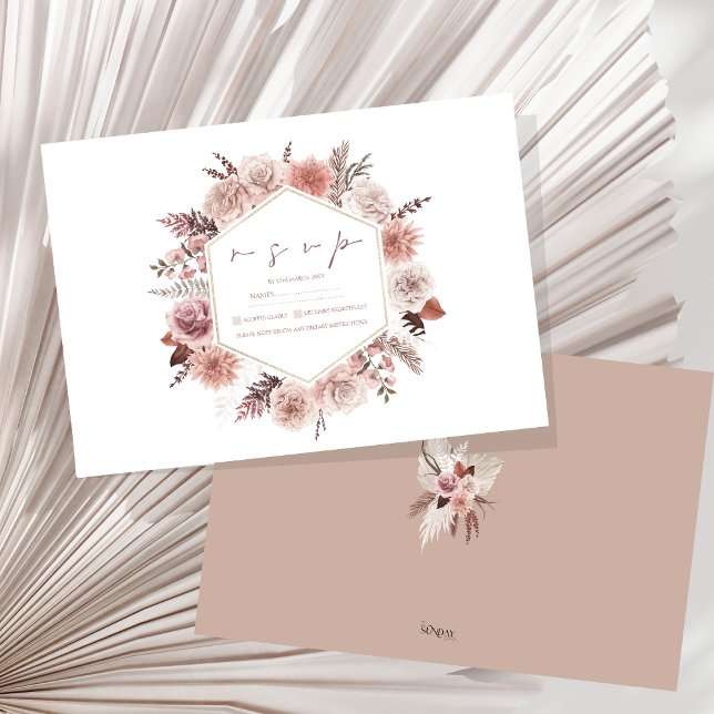 Boho Terracotta Neutral Floral Wreath Wedding RSVP Card (Boho Dusty Pink Dried Flowers Wreath Wedding RSVP Card)