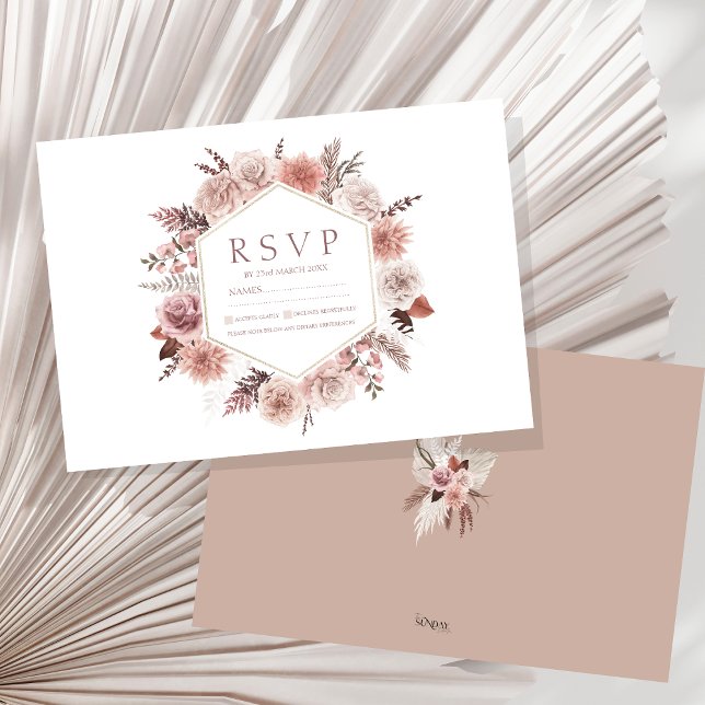 Boho Terracotta Neutral Floral Wreath Wedding RSVP Card (Boho Dusty Pink Dried Flowers Wreath Wedding RSVP Card)