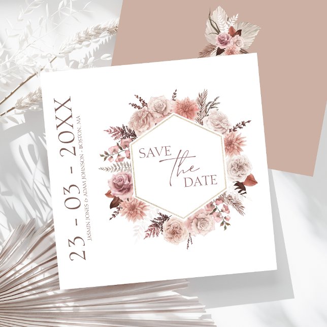Boho Terracotta Neutral Floral Wreath Wedding Save The Date (Boho Dusty Pink Dried Flowers Wreath Wedding Save The Date)