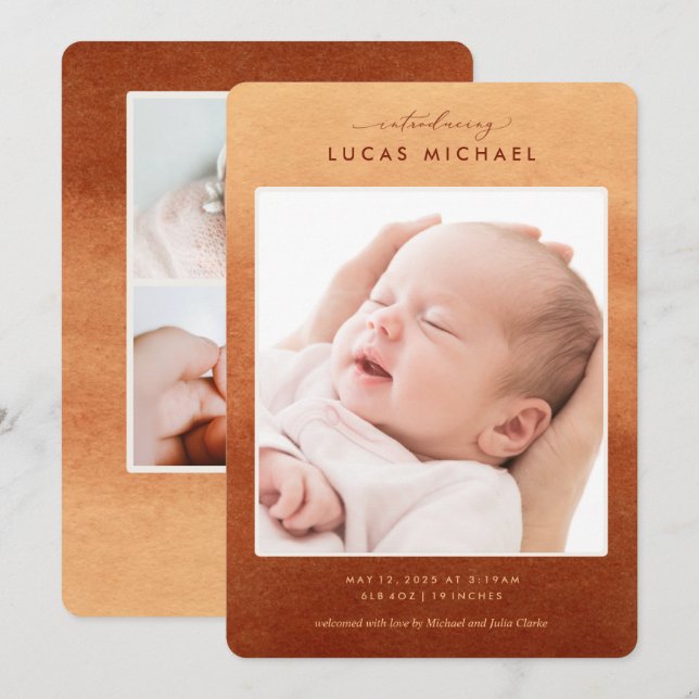 Boho Terracotta Ombre Photo Birth Announcement (Front/Back)