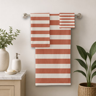 Boho Terracotta Orange and Sand Cabana Stripe  Bath Towel Set