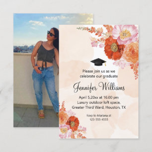 Boho Terracotta Orange Floral Photo Graduation Invitation