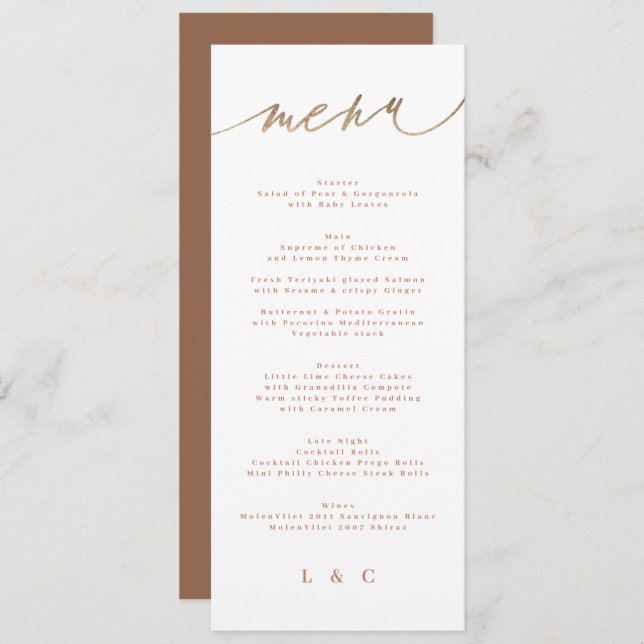 Boho Terracotta Orange Modern Gold Wedding Menu (Front/Back)