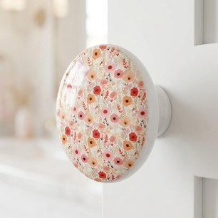 Boho Terracotta Orange Peach Floral Ceramic Knob