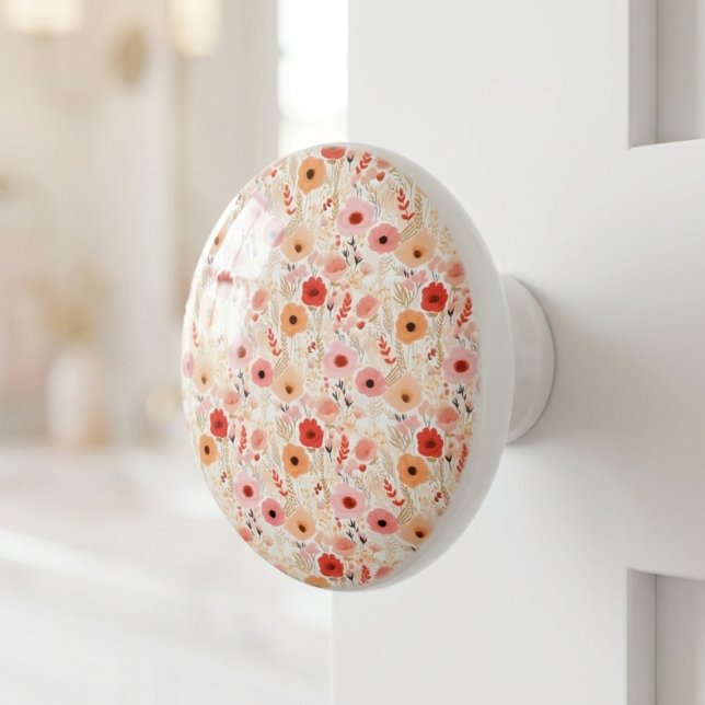 Boho Terracotta Orange Peach Floral Ceramic Knob (Fun cabinet door knobs for a decor refresh)