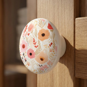 Boho Terracotta Orange Peach Floral Ceramic Knob