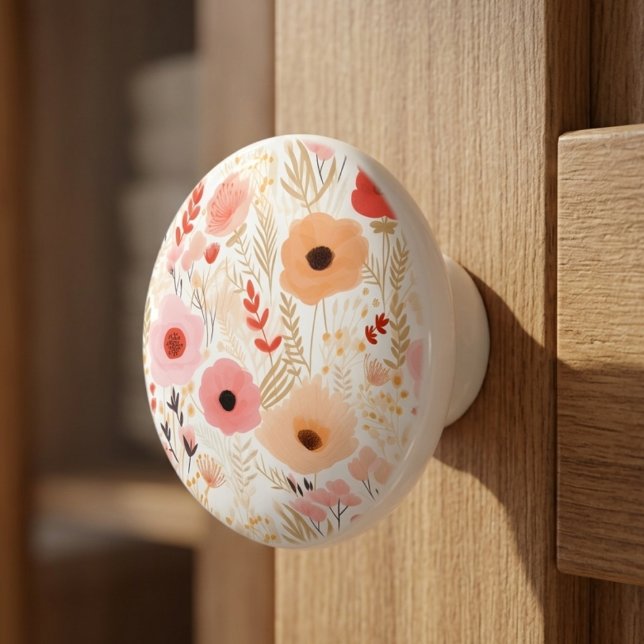 Boho Terracotta Orange Peach Floral Ceramic Knob (Beautiful cabinet knob for a decor refresh)