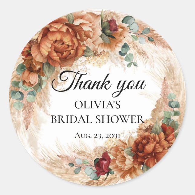 Boho terracotta pampas bridal shower thank you classic round sticker (Front)