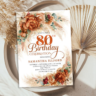 Boho terracotta pampas grass 80th Birthday invite