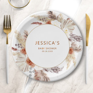 Boho Terracotta Pampas Grass Baby Shower Paper Plate