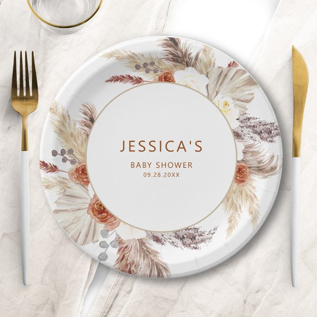Boho Terracotta Pampas Grass Baby Shower Paper Plate (Creator Uploaded)
