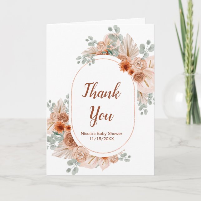 Boho Terracotta Pampas Grass Baby Shower Thank You Card (Front)