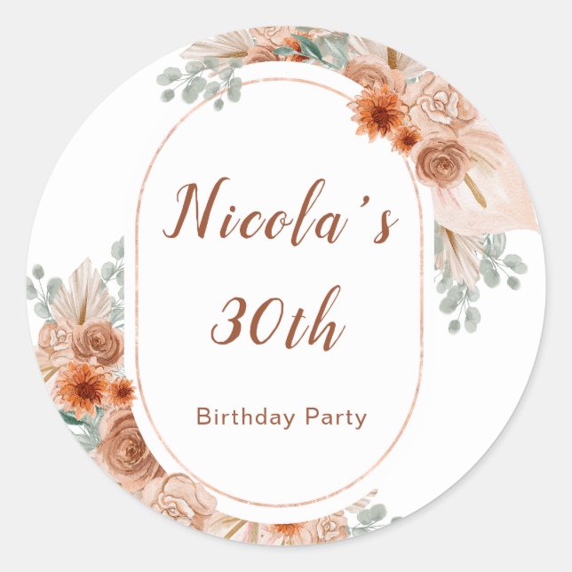 Boho Terracotta Pampas Grass  Birthday Classic Round Sticker (Front)
