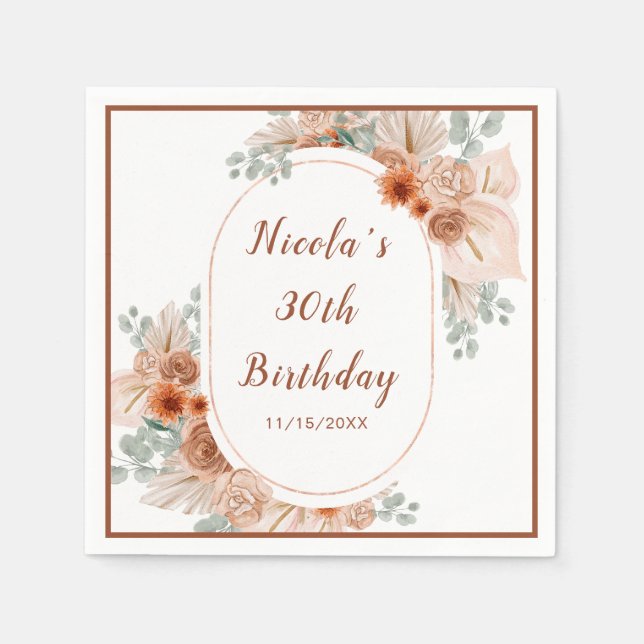 Boho Terracotta Pampas Grass Birthday Napkin (Front)