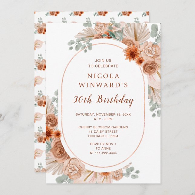 Boho Terracotta Pampas Grass Birthday Party Invitation (Front/Back)