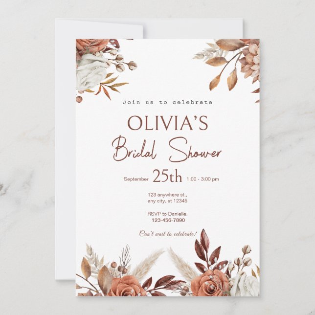 Boho Terracotta Pampas Grass Bridal Shower Invitation (Front)