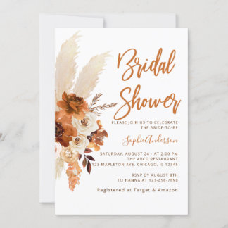 Boho Terracotta Pampas Grass Bridal Shower Invitation