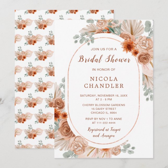 Boho Terracotta Pampas Grass Bridal Shower Invitation (Front/Back)