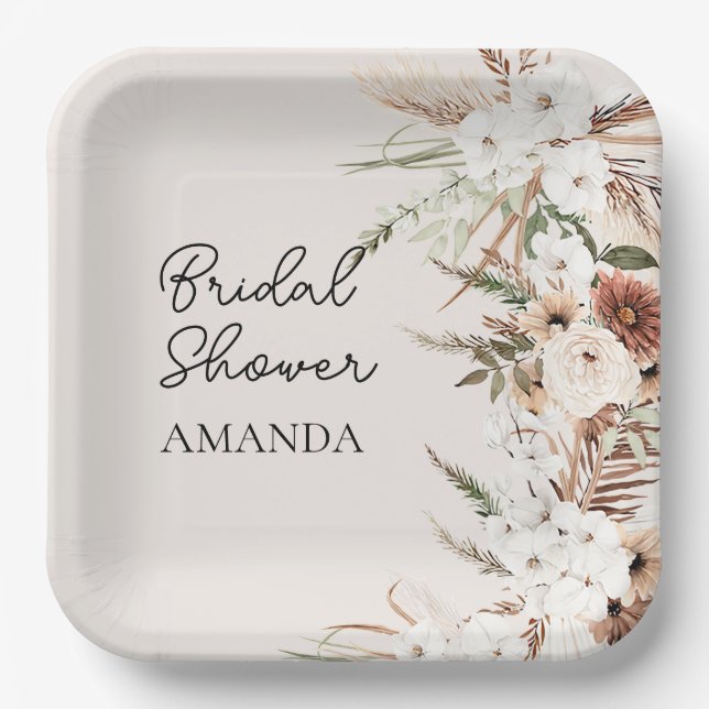 Boho terracotta pampas grass Bridal shower  Paper Plate (Front)
