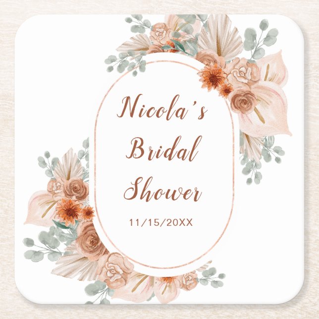 Boho Terracotta Pampas Grass Bridal Shower Square Paper Coaster (Front)
