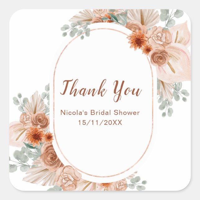 Boho Terracotta Pampas Grass Bridal Shower Square Sticker (Front)
