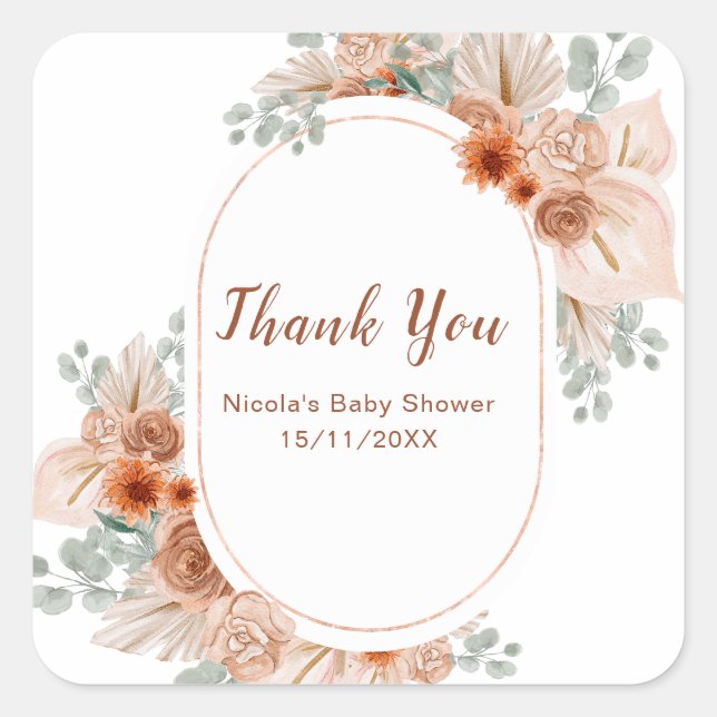 Boho Terracotta Pampas Grass Bridal Shower Square Sticker (Front)