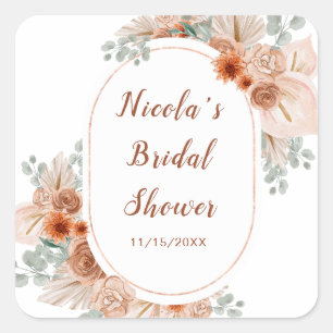 Boho Terracotta Pampas Grass Bridal Shower Square Sticker
