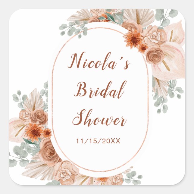 Boho Terracotta Pampas Grass Bridal Shower Square Sticker (Front)