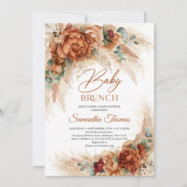 Boho terracotta pampas grass burgundy baby brunch invitation (Front)