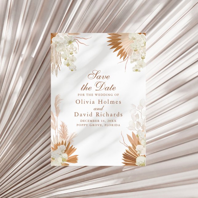 Boho Terracotta Pampas Grass Floral Save the Date (Boho Terracotta Pampas Grass Floral Wedding Save The Date on a sunny neutral dry palm leaf.)