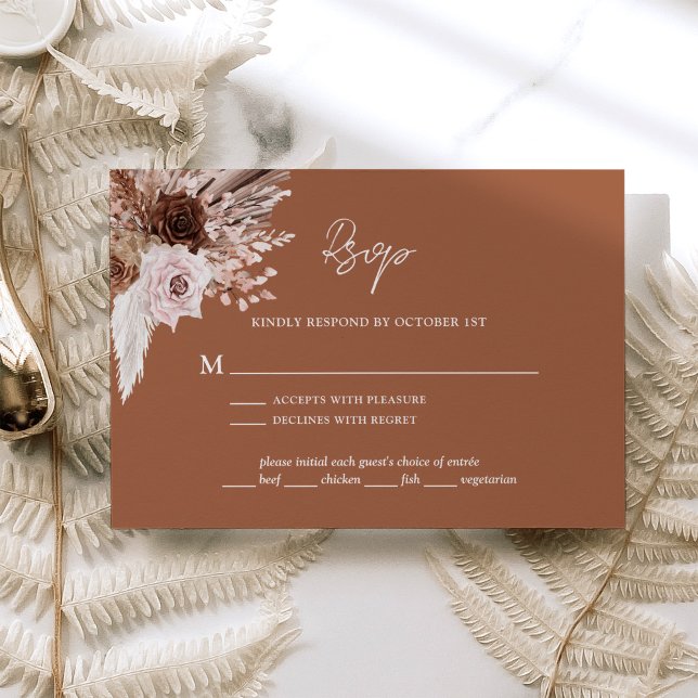 Boho Terracotta Pampas Grass Floral Wedding RSVP Card (Creator Uploaded)