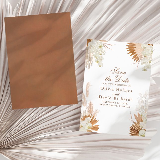 Boho Terracotta Pampas Grass Floral Wedding Save The Date (Boho Terracotta Pampas Grass Floral Wedding Save The Date on a sunny neutral dry palm leaf.)
