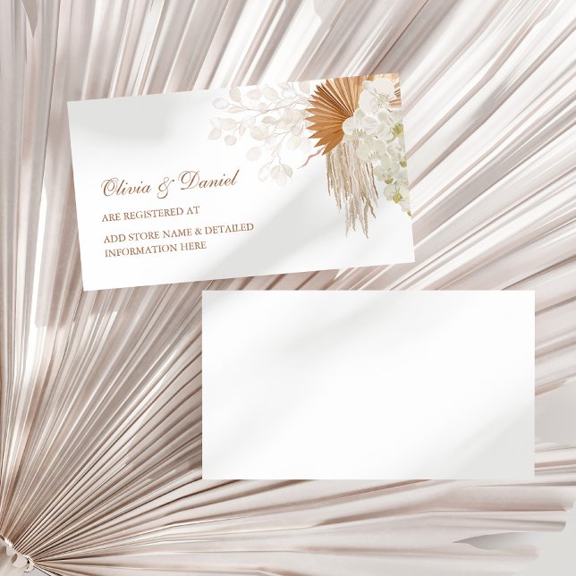 Boho Terracotta Pampas Grass Orchid Registry Card (Boho Terracotta Pampas Grass Orchid Registry Card on a sunny white dry palm leaf.)