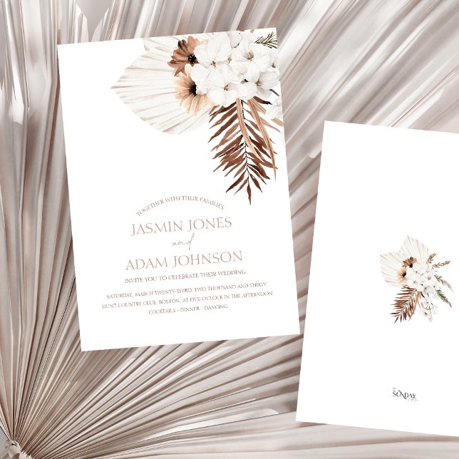 Boho Terracotta Pampas Grass Orchid Wedding  Invitation (Boho Terracotta Brown Pampas Grass Floral Wedding Invitation)