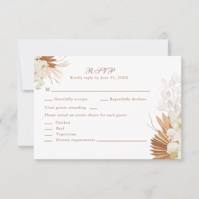 Boho Terracotta Pampas Grass Orchid Wedding RSVP   Card (Front)