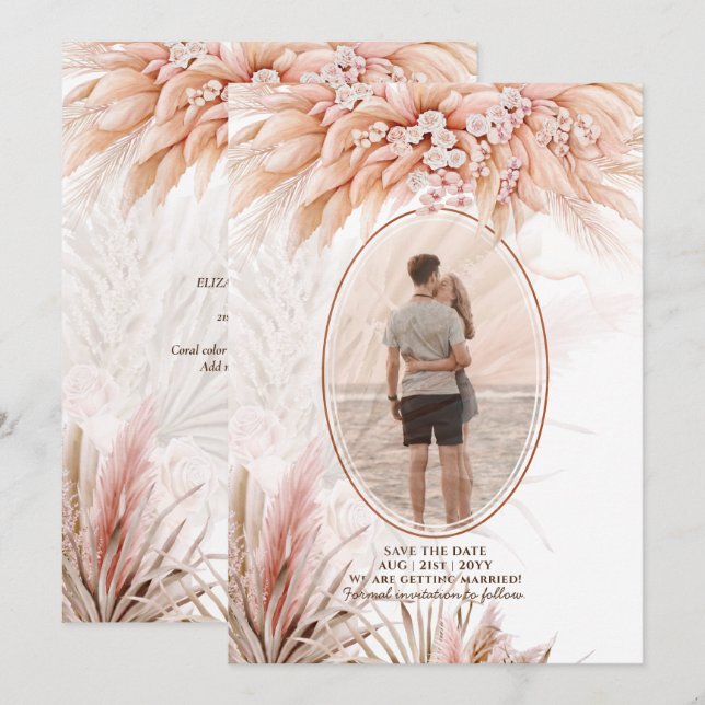 Boho Terracotta Pampas Grass PHOTO Wedding Save The Date (Front/Back)