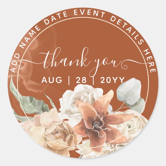 Boho Terracotta Pampas Grass Thank You Favour Classic Round Sticker (Front)