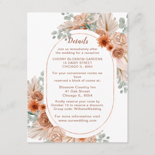 Boho Terracotta Pampas Grass Wedding Details Enclosure Card (Front)