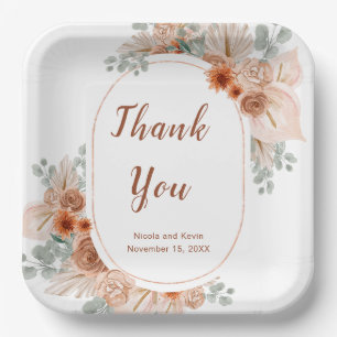 Boho Terracotta Pampas Grass wedding Paper Plate
