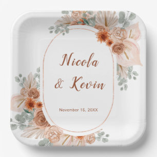Boho Terracotta Pampas Grass wedding Paper Plate
