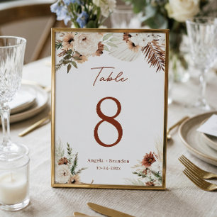 Boho Terracotta Pampas Grass Wedding Table Number