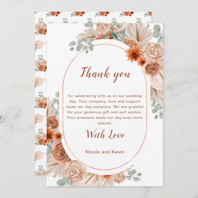 Boho Terracotta Pampas Grass Wedding Thank You Card (Front/Back)