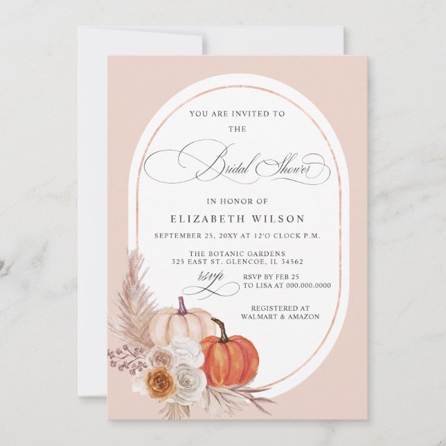 Boho Terracotta Pampas Pumpkins Fall Bridal Shower Invitation (Front)