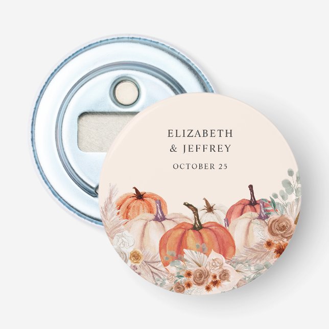 Boho Terracotta Pampas Pumpkins Fall Wedding Bottle Opener (Front)