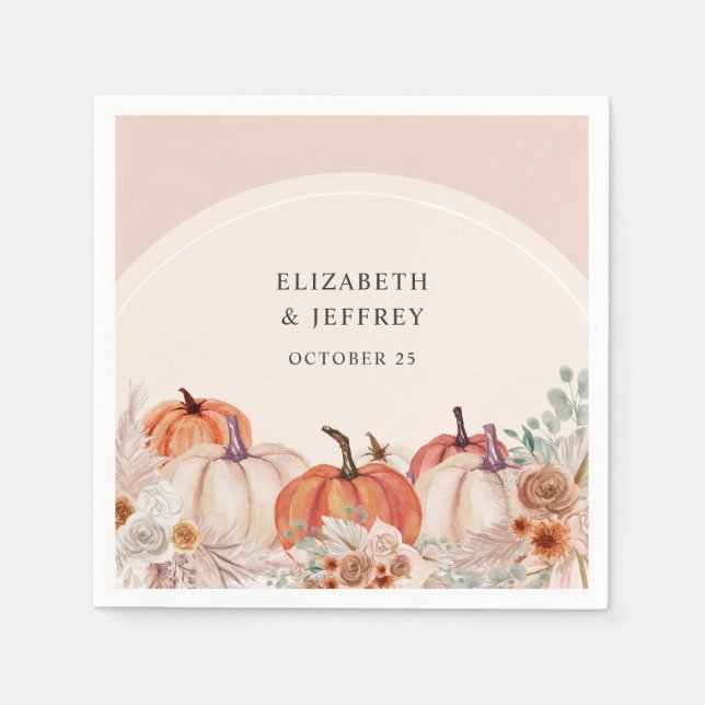 Boho Terracotta Pampas Pumpkins Fall Wedding Napkin (Front)