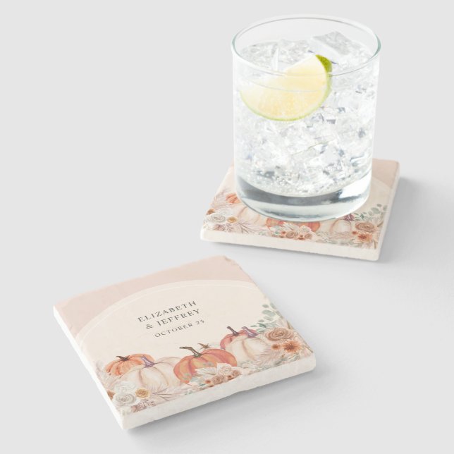 Boho Terracotta Pampas Pumpkins Fall Wedding Stone Coaster (Side)