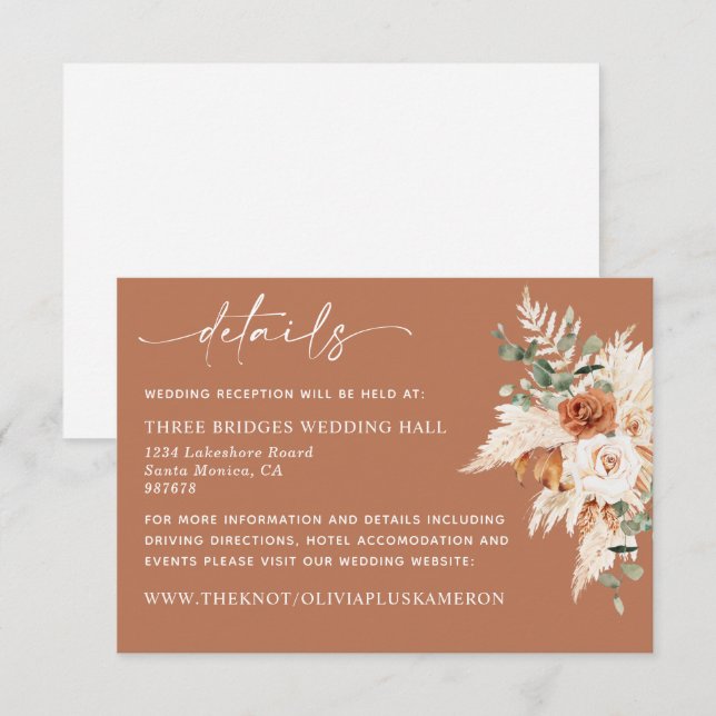 Boho Terracotta Pampas Wedding Details Card LEYLA (Front/Back)