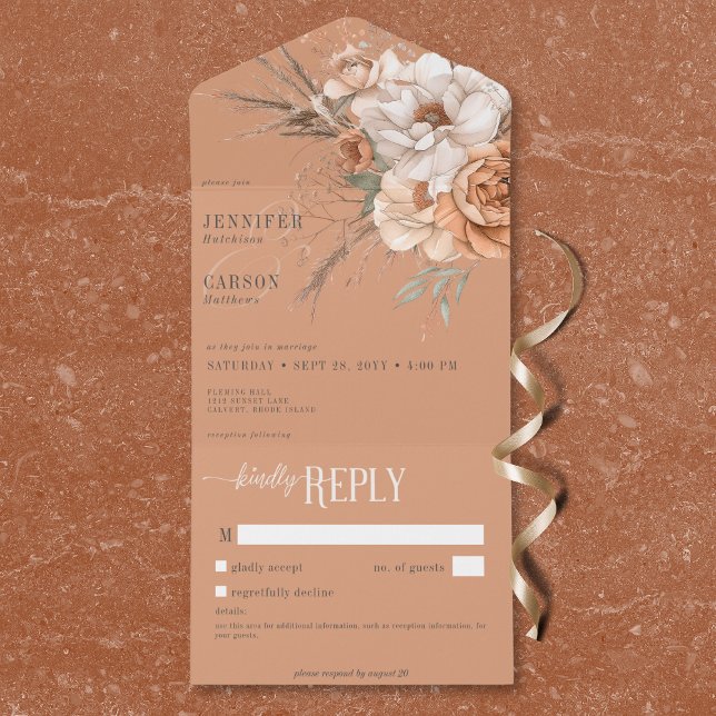 Boho Terracotta Peach Cream Floral No Dinner All In One Invitation (Boho Terracotta Peach Cream Floral No Dinner All In One Invitation)