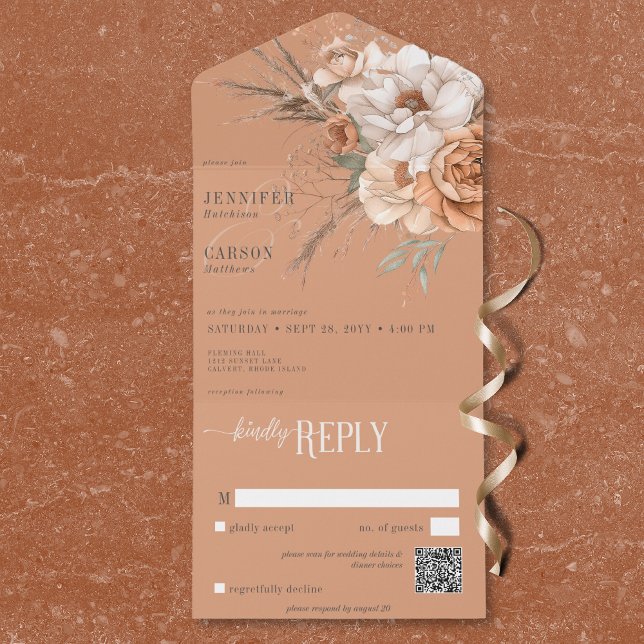 Boho Terracotta Peach & Cream Floral QR Code All In One Invitation (Boho Terracotta Peach & Cream Floral QR Code All In One Invitation)