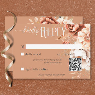  Boho Terracotta Peach & Cream Floral QR Code RSVP Card